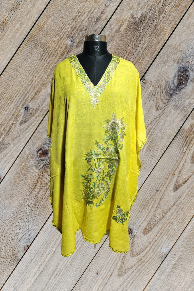 100% Cotton Short Kashmiri Kaftan with Floral Aari Embroidery Yellow Color