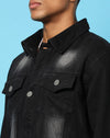 Campus Sutra Mens Black Dry-Washed Denim Cotton Jacket Regular Fit For Casual Wear | Collared Neck | Buttoned | Stylish Jacket Crafted With Comfort Fit & High Performance For Everyday Wear