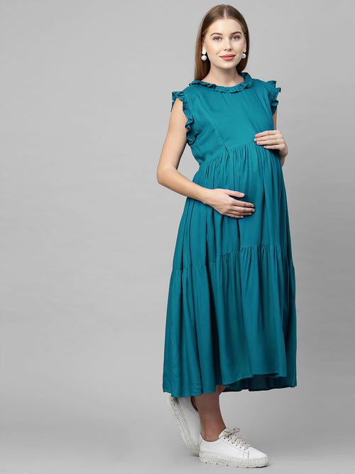 MomToBe Women's Rayon Ocean Blue Maternity Dress