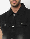 Campus Sutra Men's Dark-Washed Black Regular Fit Denim Jacket For Winter Wear | Collared Neck | Sleeveless | Buttoned | Casual Denim Jacket For Man | Western Stylish Denim Jacket For Men
