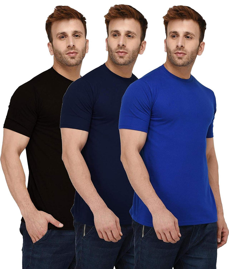 3 Piece Combo = 165 GSM - Men's Round Neck T-shirt Tee - Black, Navy Blue, Royal Blue