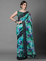 Sareemall Teal Green Casual Linen Printed Saree With Unstitched Blouse