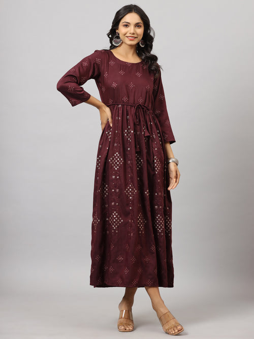 Juniper Women's Mauve Festive Printed Flared Dress