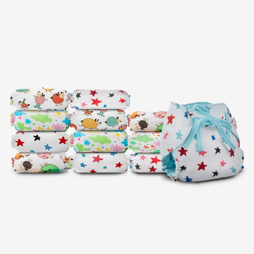 SuperBottoms Dry Feel Langot - Pack of 12- Organic Cotton Padded Baby Nappy/langot with Gentle Elastics & a SuperDryFeel Layer on top (Striking Whites, Size 1)