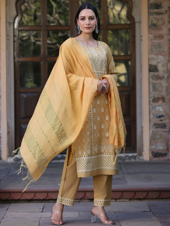 Juniper Women Mustard Cotton Printed Kurta Set