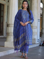 Juniper Women Blue Cotton Printed Kurta Set