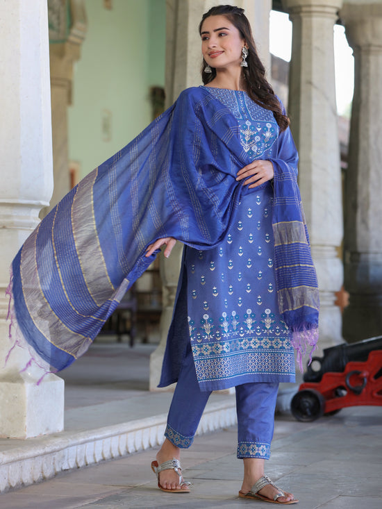 Juniper Women Blue Cotton Printed Kurta Set