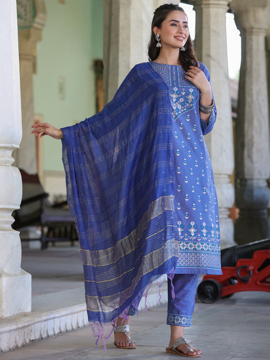 Juniper Women Blue Cotton Printed Kurta Set