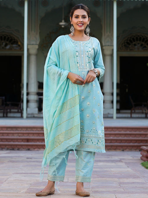 Juniper Women Mint Cotton Printed Kurta Set