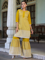 Juniper Womens Mustard Chinnon embroidered kurta garara set