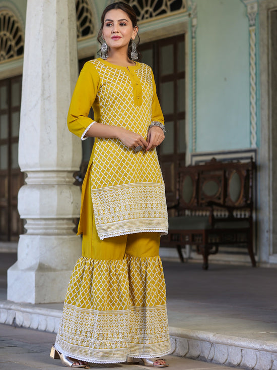 Juniper Womens Mustard Chinnon embroidered kurta garara set