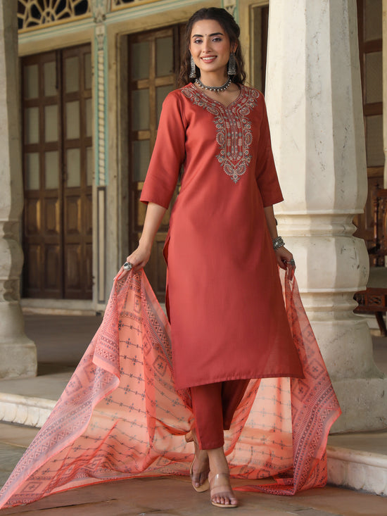 Juniper Women Rust Silk Solid Embroidered Kurta Set