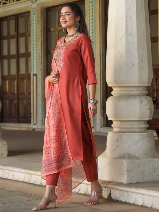 Juniper Women Rust Silk Solid Embroidered Kurta Set