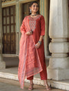 Juniper Women Rust Silk Solid Embroidered Kurta Set