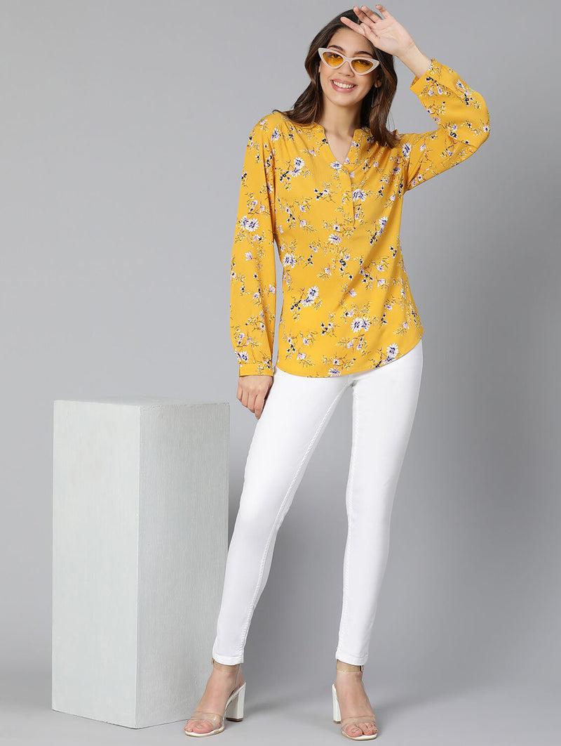 Sunlight Yellow Floral Print Women Casual Top