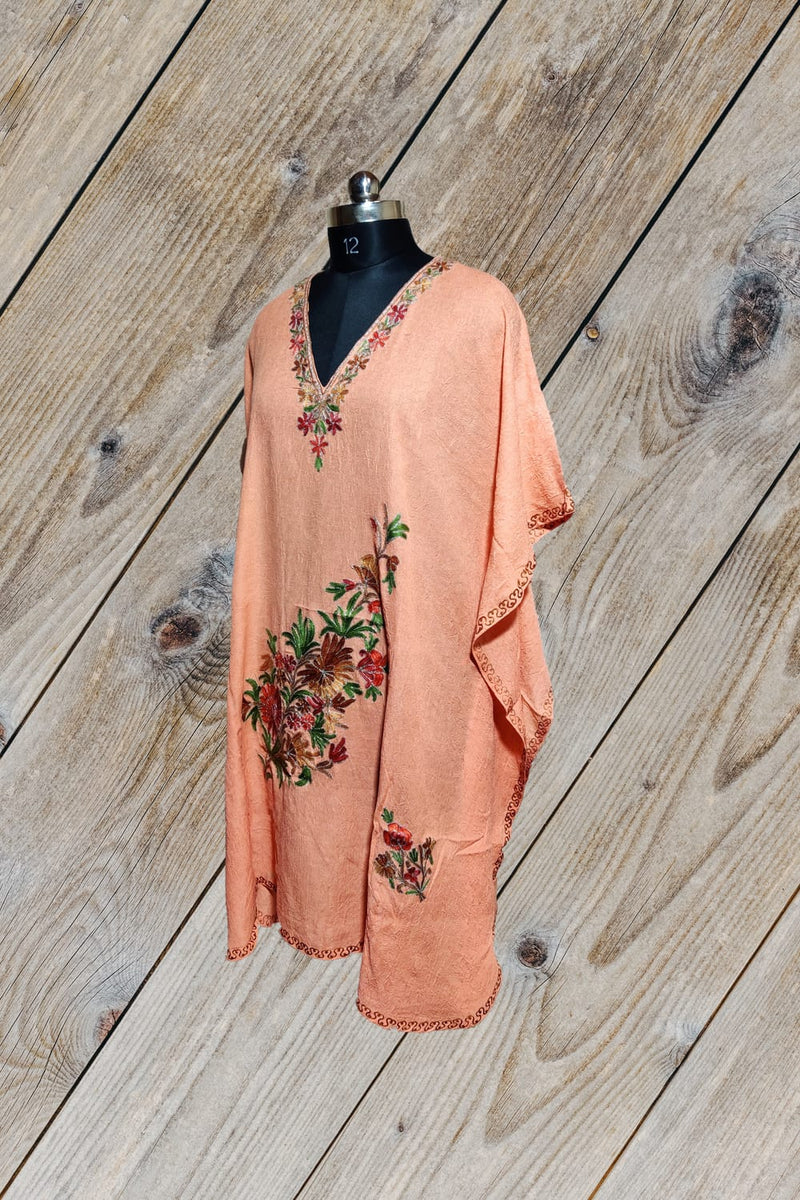 100% Cotton Peach Short Kashmiri Kaftan with Floral Aari Embroidery