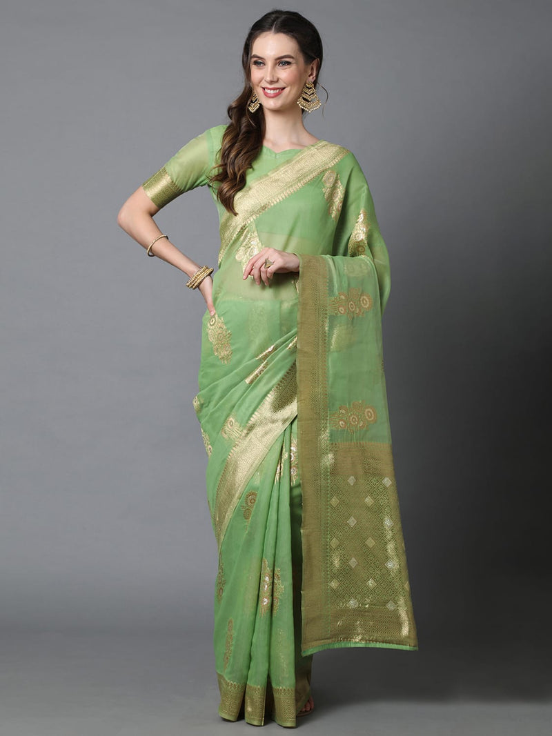 Sareemall Green Festive Wear Silk Blend Woven Design Saree With Unstitched Blouse