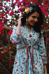 Juniper Blue Cambric Floral Print Panelled Kurta With Mask