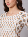 Women White Ethnic Printed Gathered Dress With Three Quarter Sleeves