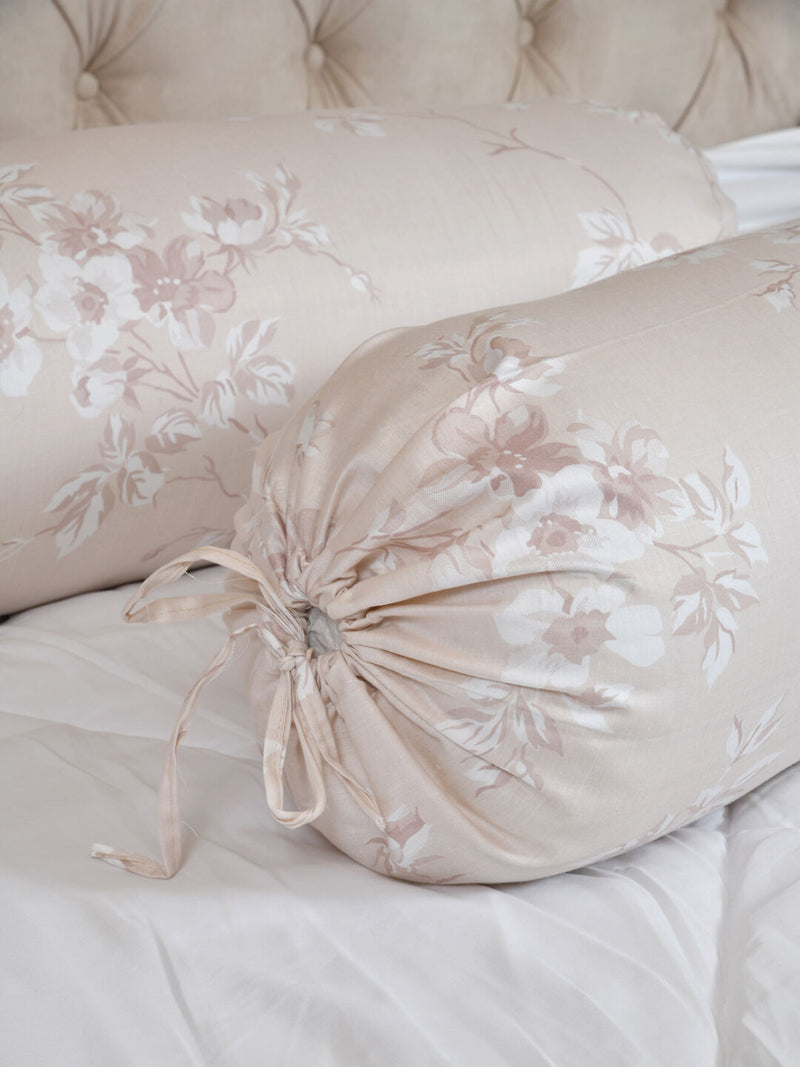 Clasiko Cotton Bolster Covers Set Of 2 220 TC Florals On Beige 30x15 Inches