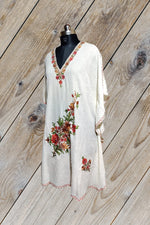 100% Cotton White Short Kashmiri Kaftan with Floral Aari Embroidery