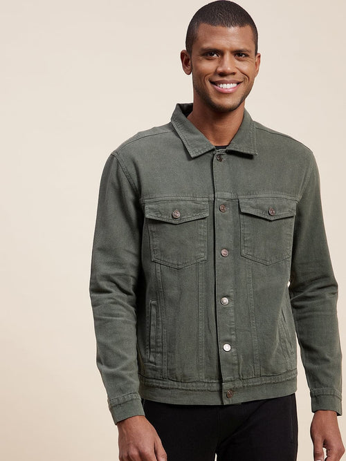 Men's Olive Solid Denim Jacket