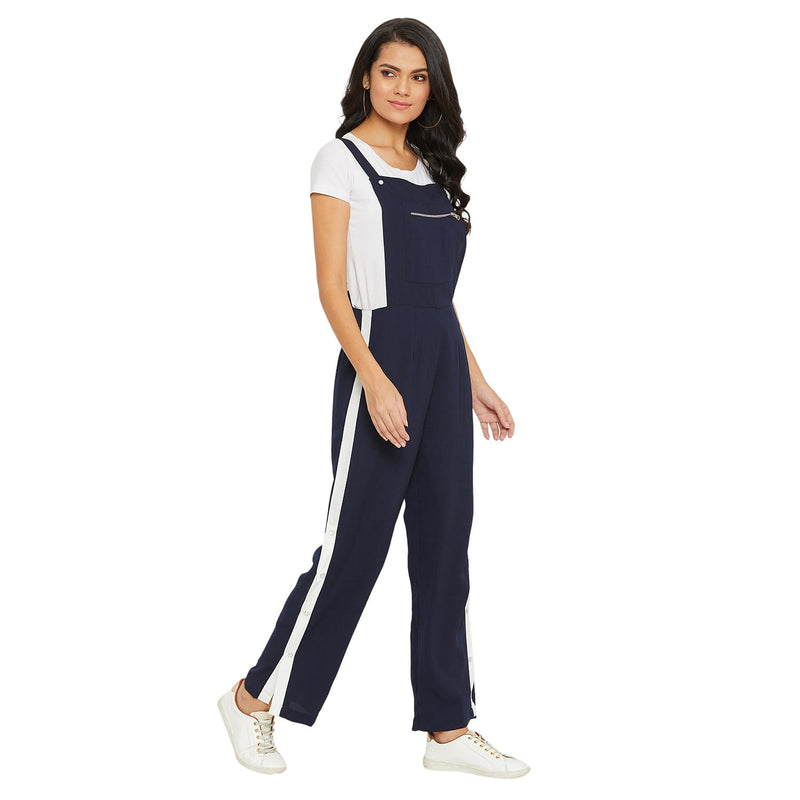 Adults-Women Solid Navy Blue Dungarees With Side Stripes