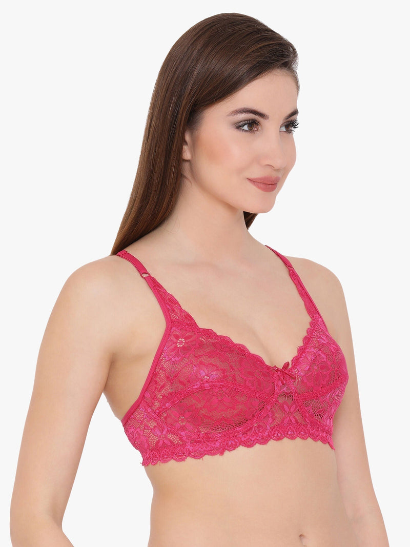Clovia Lace Non-Padded Non-Wired Full Coverage Bra in Pink