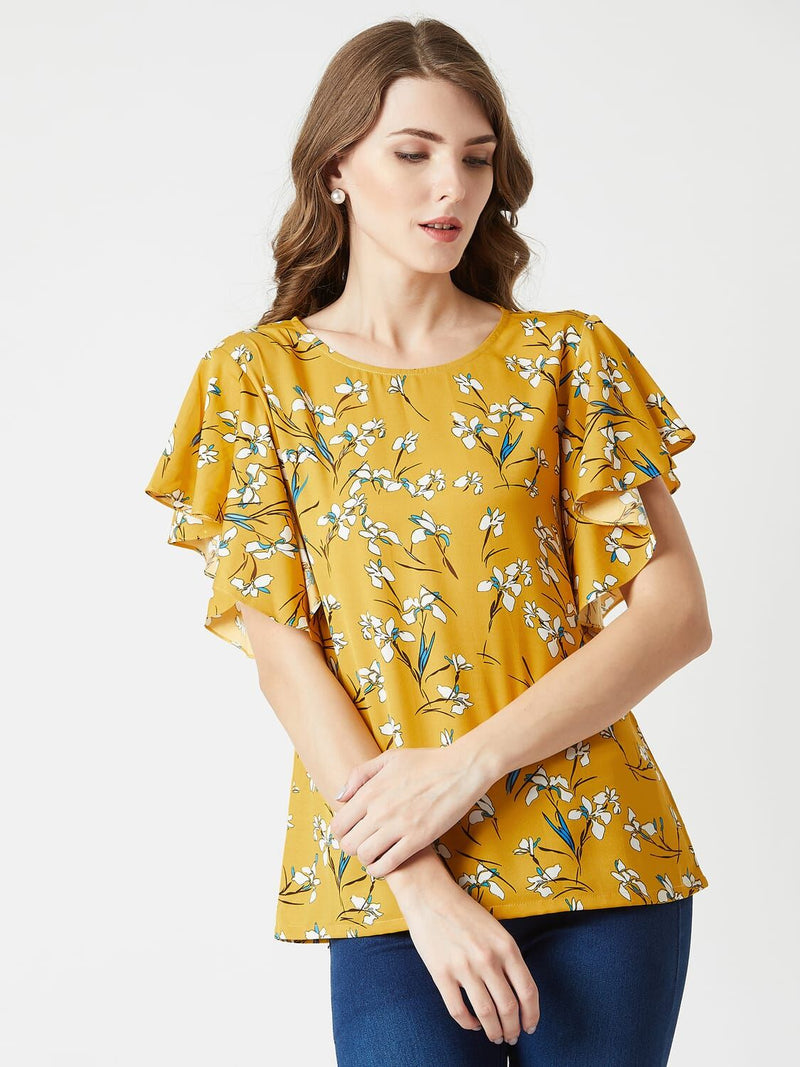 Are You Lonely Ruffle Sleeve Multicolor Base Mustard Top