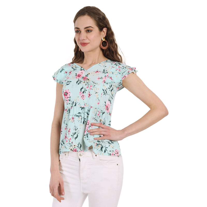 MYY Women's Ditsy Floral Print V Neck Crepe Tunic Fancy Top
