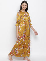 Mustard Floral Satin Print Women Nightwear Dress