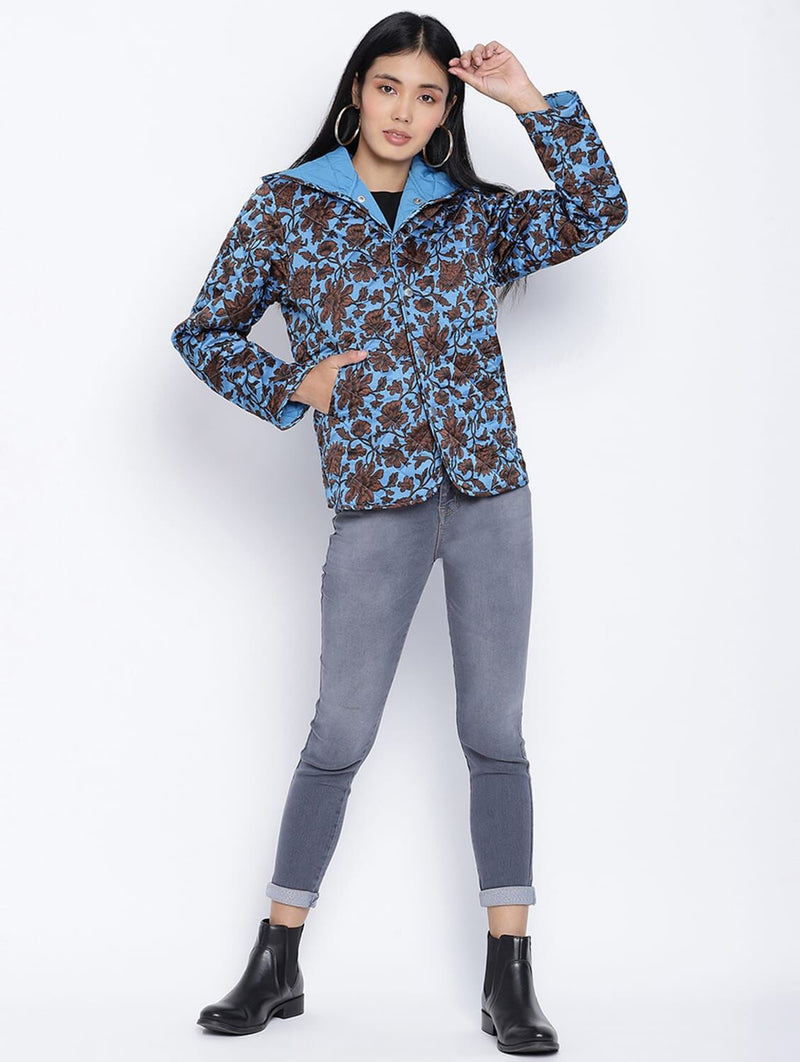 Heavenly Blue Floral Print Women Quilted Hooded Jacket