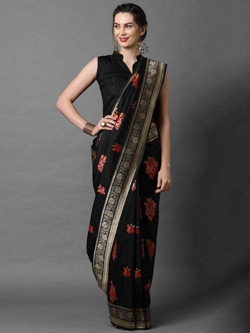 Sareemall Black Elite Festive Silk Blend Woven Design Saree With Unstitched Blouse