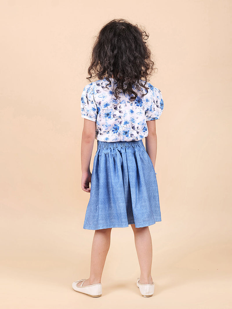Floral Printed Top With Skirt Ballon Top Round Neck With Short Sleeves