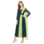 Adults-Women Dark Green Sun Emb. Dress With Attached Dupatta