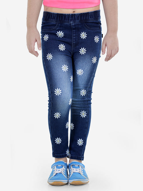 Naughty Ninos Girls Solid Floral Embroidered Denim Jeggings