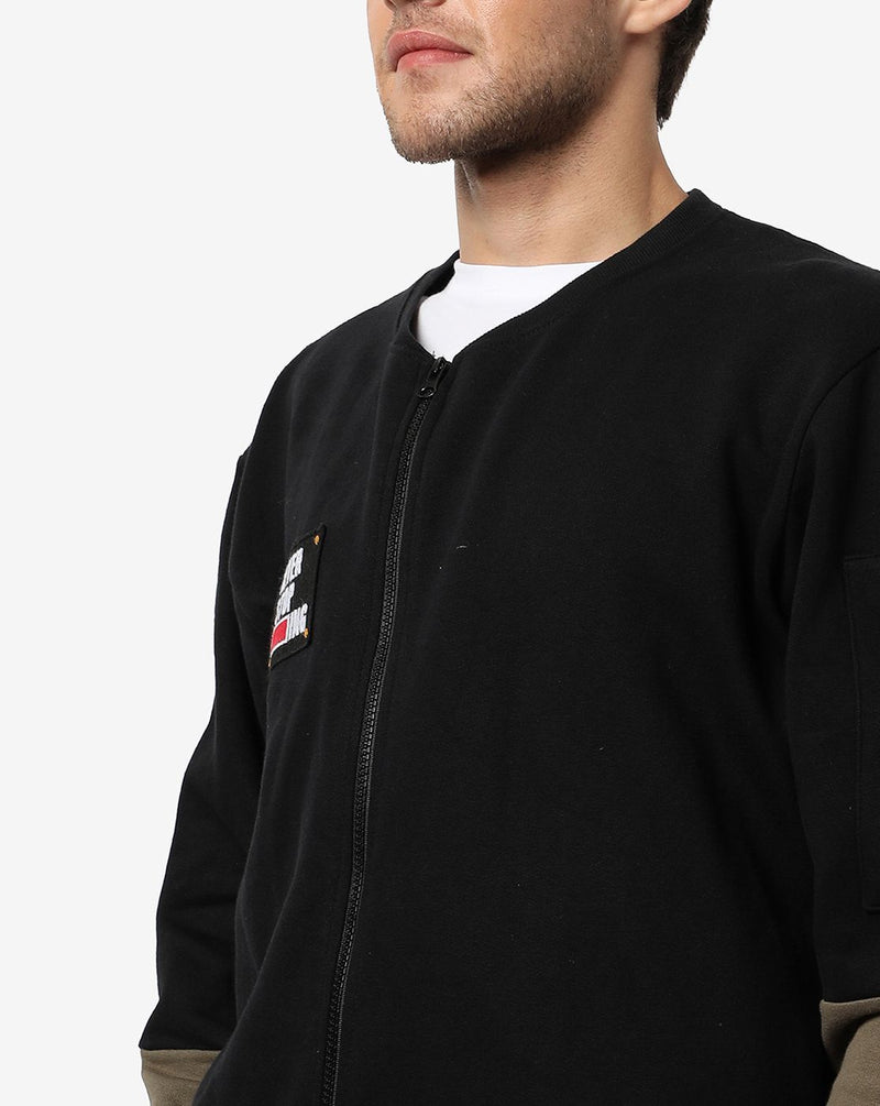 Campus Sutra Men's Black Solid Colour-Blocked Regular Fit Zipper Sweatshirt For Winter Wear | Full Sleeve | Cotton Sweatshirt | Casual Sweatshirt For Man | Western Stylish Sweatshirt For Men