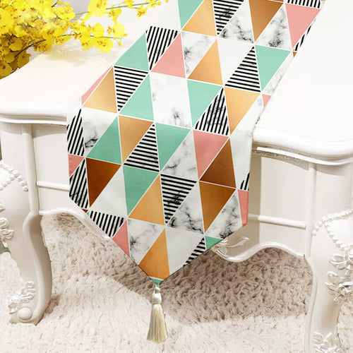Marble Multi Triangles Printed Cotton Canvas 6 Seater Table Runner (13 x 72 Inches)