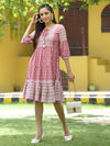 Juniper Onion Pink Rayon Festive Printed Tiered Dress For Women