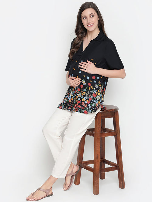 Oxolloxo Luxious Black Colorful Border Print Maternity Top