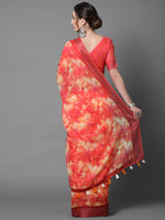 Sareemall Orange & Red Casual Linen Printed Saree With Unstitched Blouse