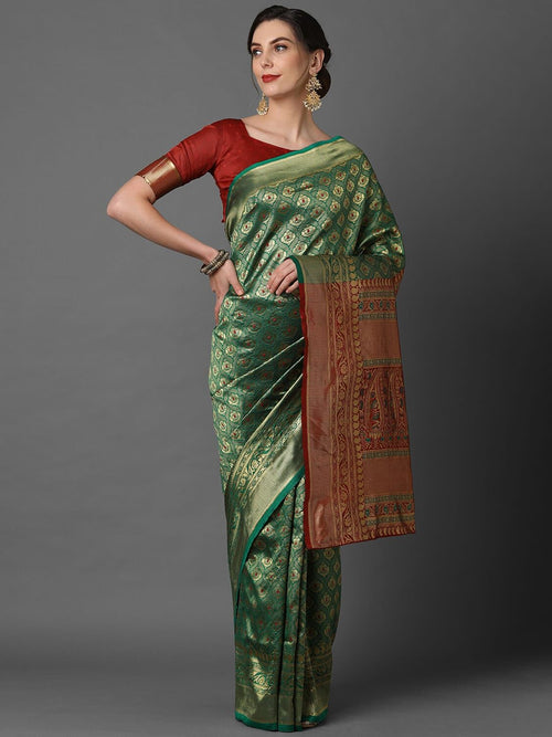 Sareemall Green & Red Wedding Silk Blend Woven Top Design Saree With Unstitched Blouse