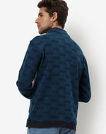 Campus Sutra Men's Indigo Blue & Black Textured Regular Fit Cotton Jacket For Winter Wear | Standing Collar | Full Sleeve | Zipper | Casual Jacket For Man | Western Stylish Jacket For Men