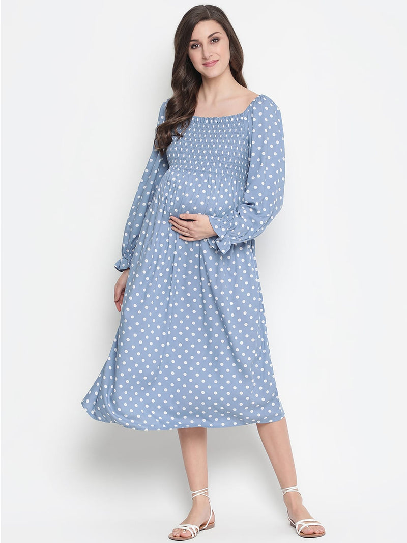 Oxolloxo Bleed Blue Smocking Polka Print Comfy Maternity Dress