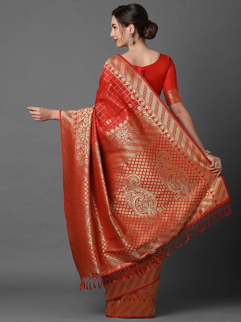 Incredible Sareemall Red Festive Silk Blend Woven Design Saree With Unstitched Blouse