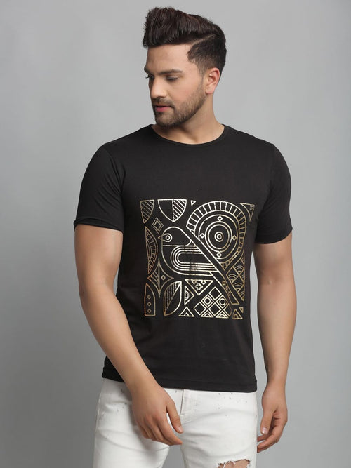 Men Black Foil Print Half Sleeve T-Shirt