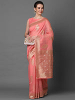 Sareemall Pink Festive Silk Blend Woven Design Saree With Unstitched Blouse