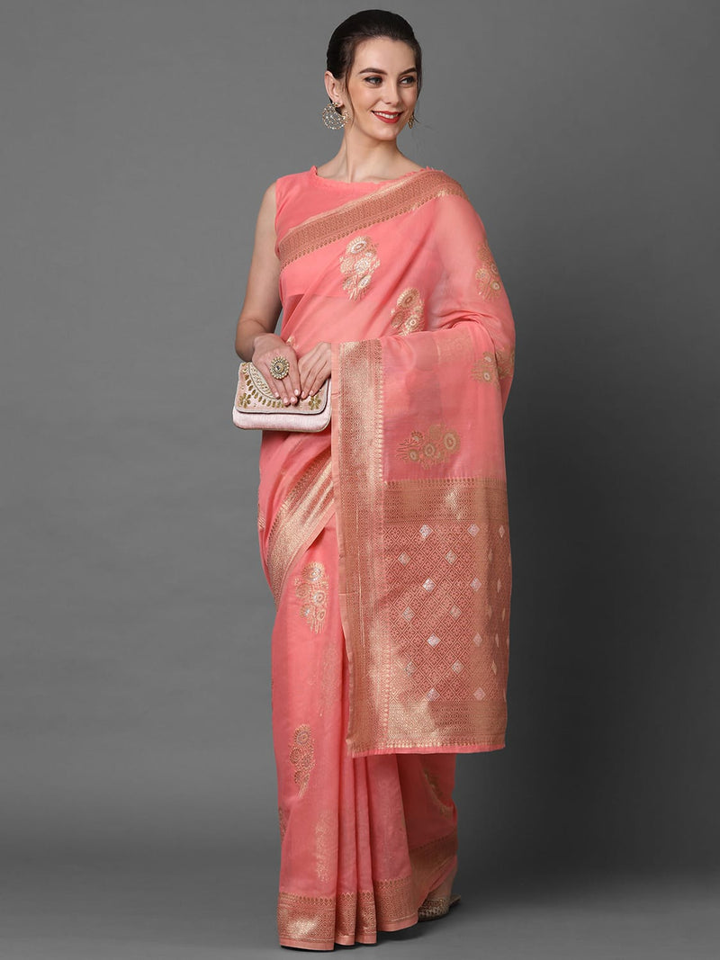 Sareemall Pink Festive Silk Blend Woven Design Saree With Unstitched Blouse