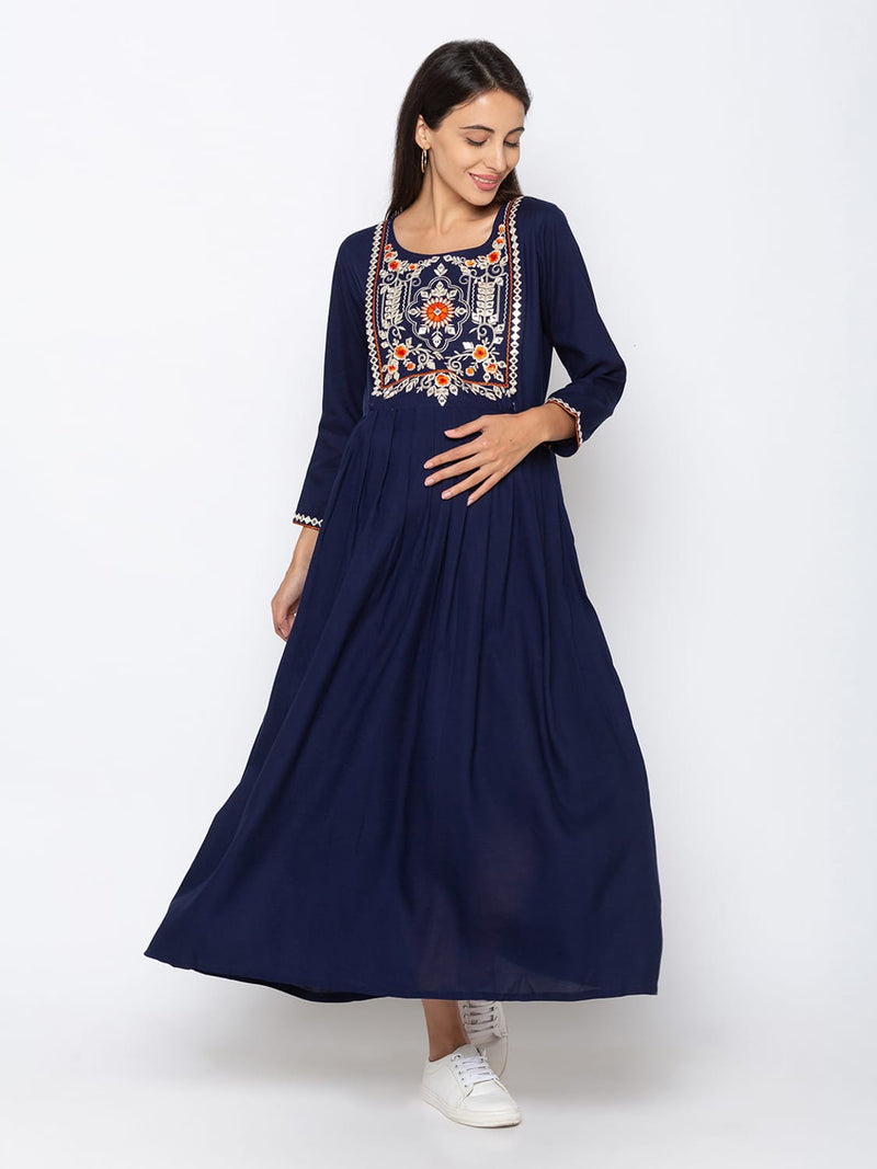 MomToBe Women's Rayon Oxford Blue Maternity Dress