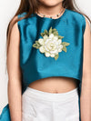 Jelly Jones Turquoise Asymmetric Flower Emblished top and White shorts